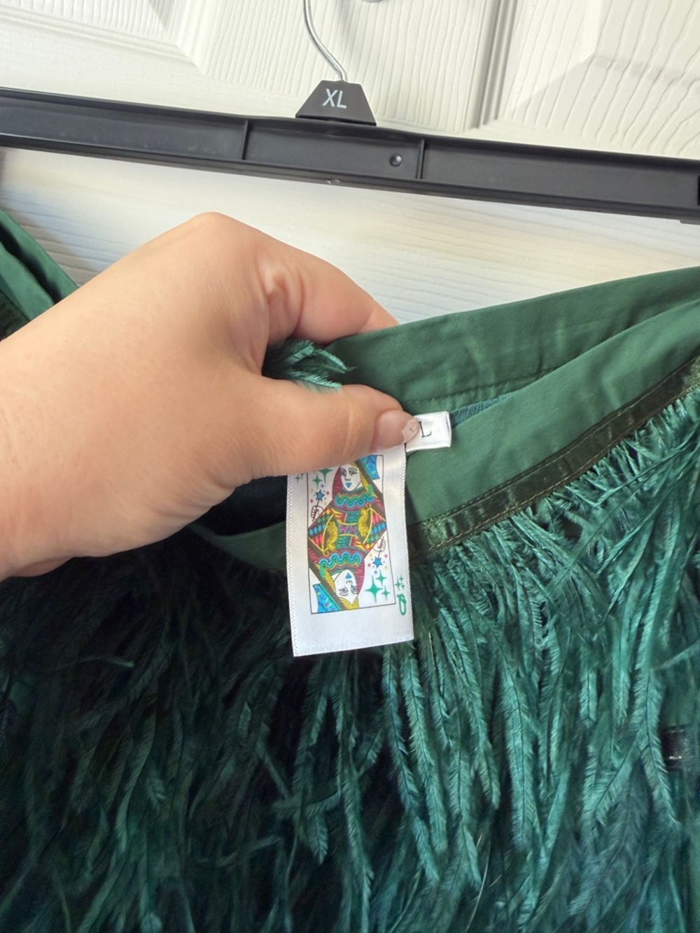 QUEEN OF SPARKLES Emerald Green Feather Mini Skirt with shorts Large - Picture 2 of 3